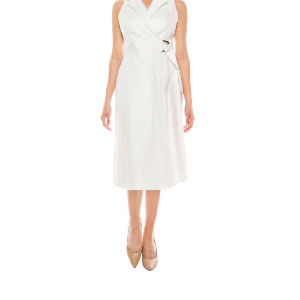 London Style Collection White Collared Sleeveless Faux Wrap Midi Dress Sz 12